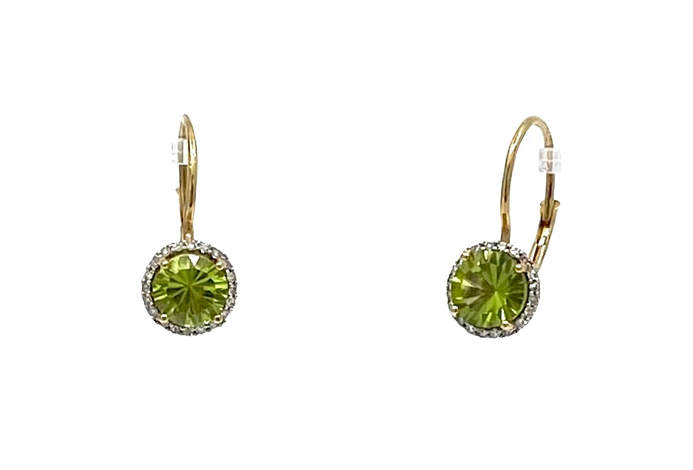 10K Yellow Gold Peridot and Diamond Lever Back Earrings