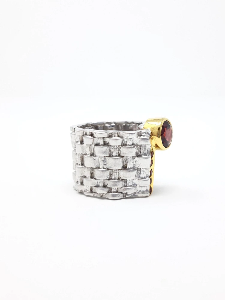 2 Tone Silver & Gold Plated Garnet Ring, size 8