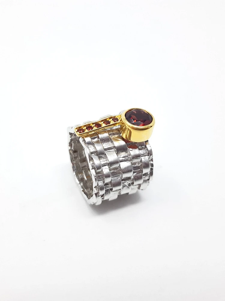 2 Tone Silver & Gold Plated Garnet Ring, size 8