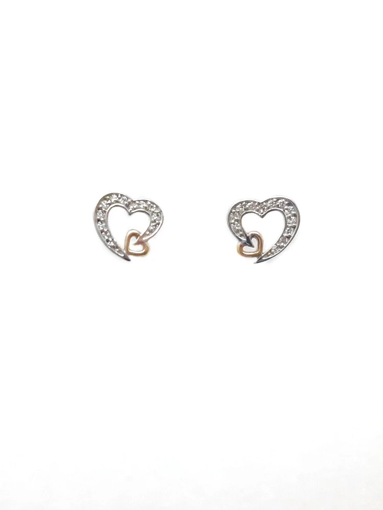 10K White & Rose Gold 0.12cttw Diamond Heart Stud Earrings