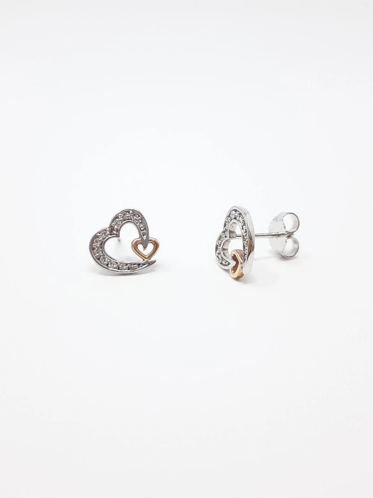 10K White & Rose Gold 0.12cttw Diamond Heart Stud Earrings