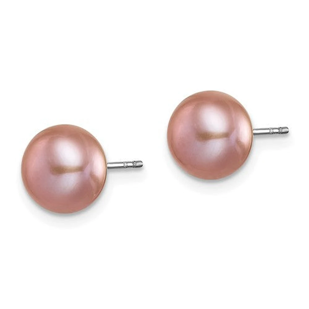 Sterling Silver Rhodium Plated 8-9mm Fresh Water Cultured Pearl Button Stud Earring Set