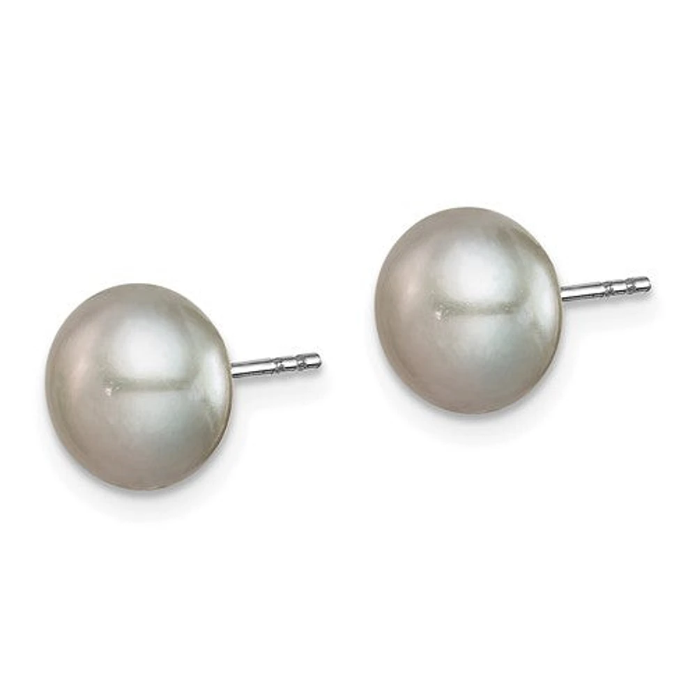 Sterling Silver Rhodium Plated 8-9mm Fresh Water Cultured Pearl Button Stud Earring Set