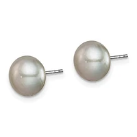 Sterling Silver Rhodium Plated 8-9mm Fresh Water Cultured Pearl Button Stud Earring Set