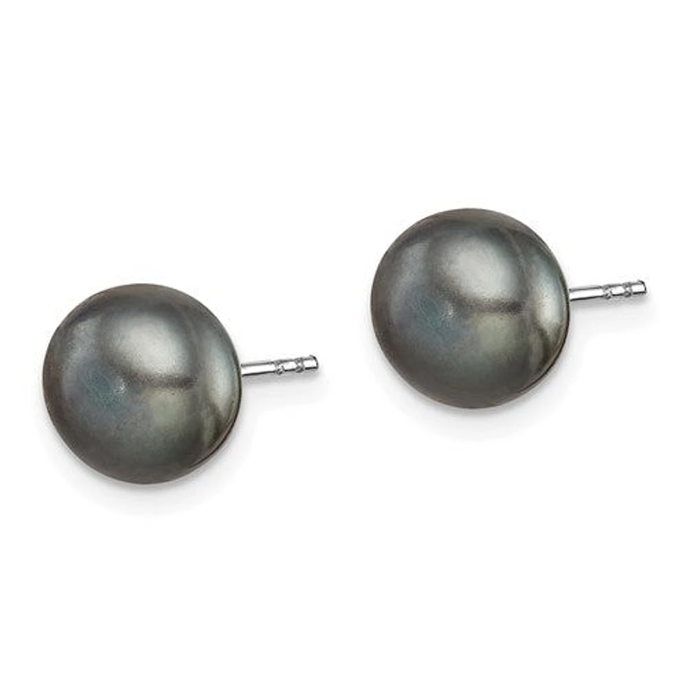 Sterling Silver Rhodium Plated 8-9mm Fresh Water Cultured Pearl Button Stud Earring Set