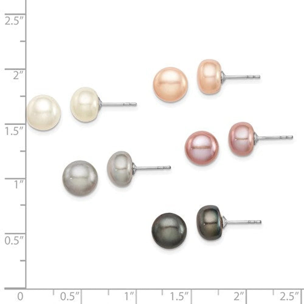 Sterling Silver Rhodium Plated 8-9mm Fresh Water Cultured Pearl Button Stud Earring Set