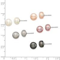 Sterling Silver Rhodium Plated 8-9mm Fresh Water Cultured Pearl Button Stud Earring Set