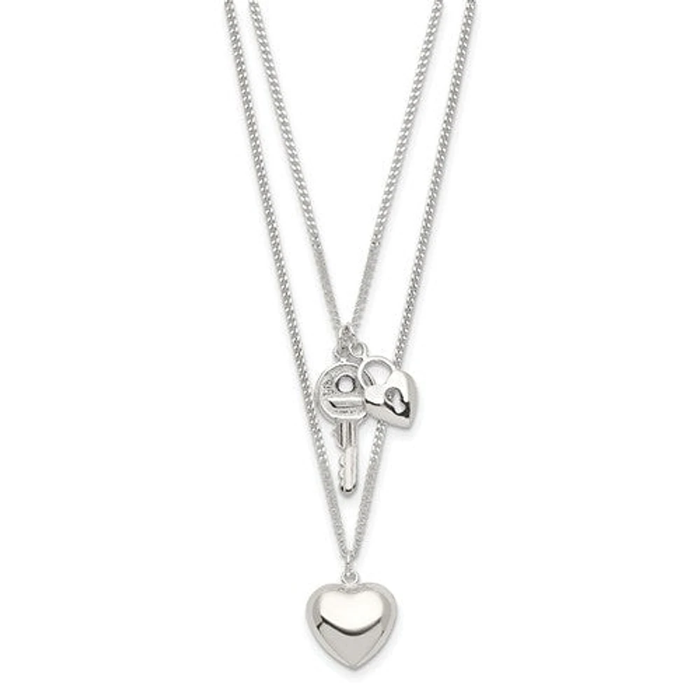 Sterling Silver 2-Strand Heart and Key Necklace - 18"