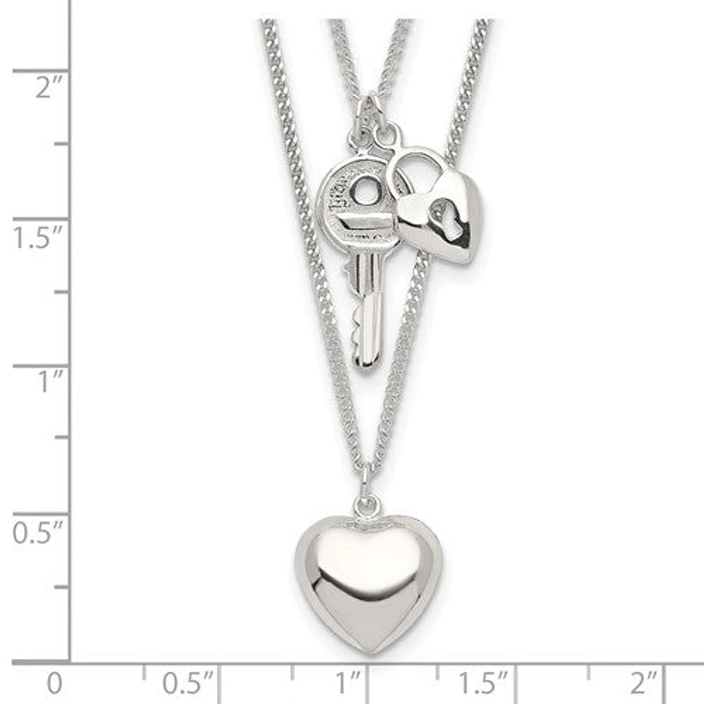 Sterling Silver 2-Strand Heart and Key Necklace - 18"