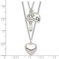 Sterling Silver 2-Strand Heart and Key Necklace - 18"