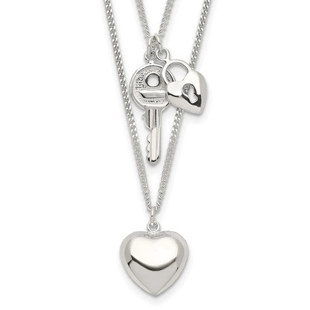 Sterling Silver 2-Strand Heart and Key Necklace - 18"