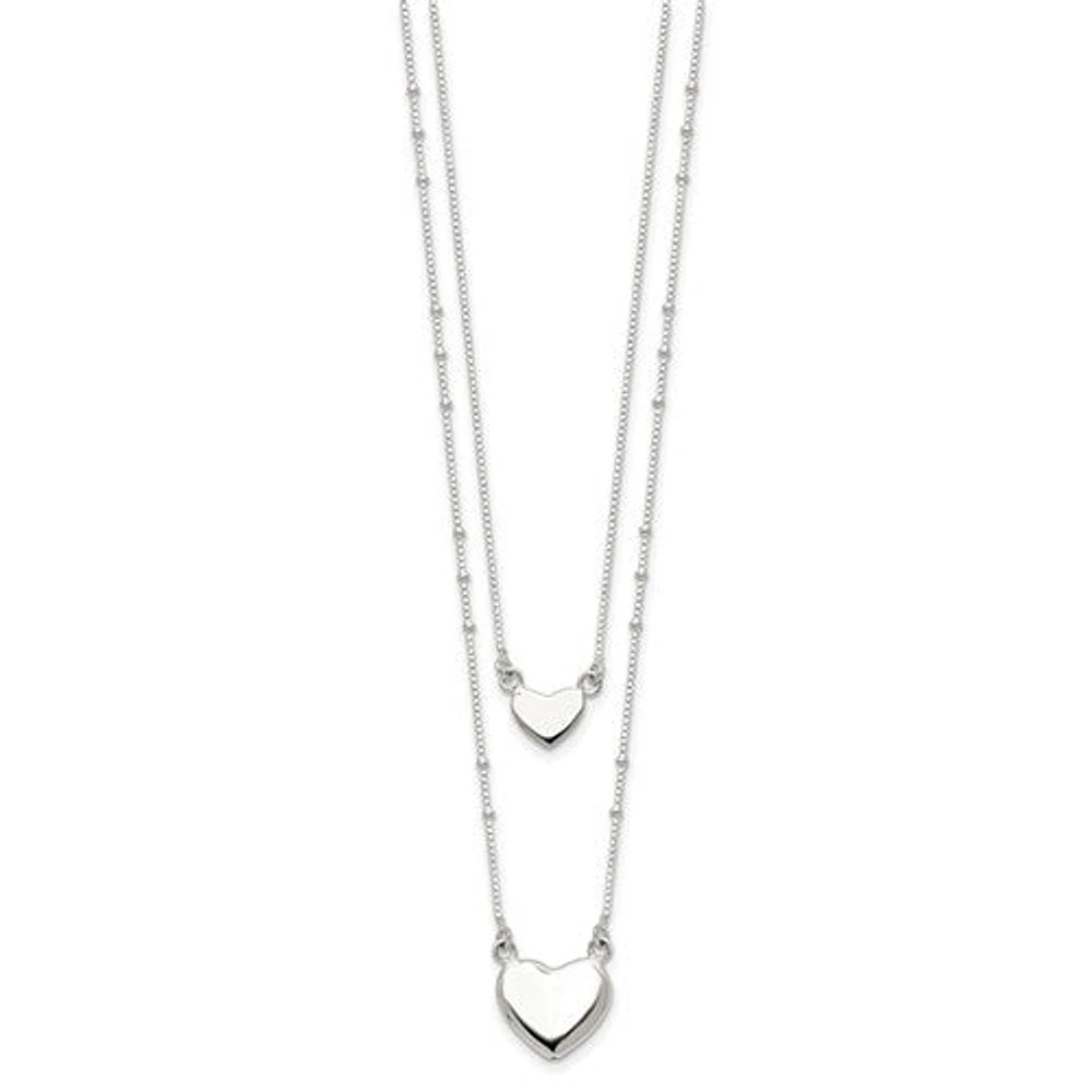 Sterling Silver Polished 2-Strand Heart Dangle Necklace - 18"