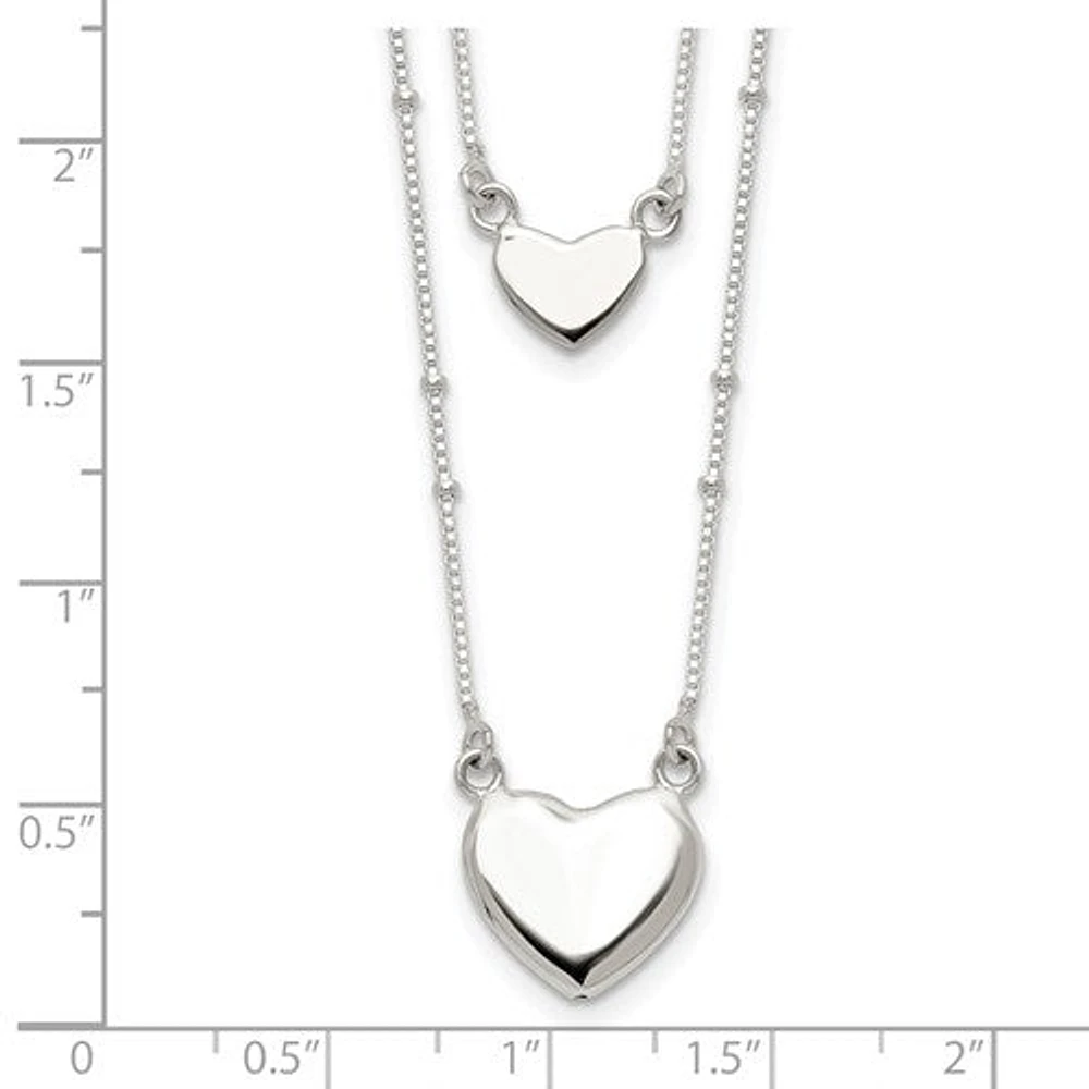 Sterling Silver Polished 2-Strand Heart Dangle Necklace - 18"
