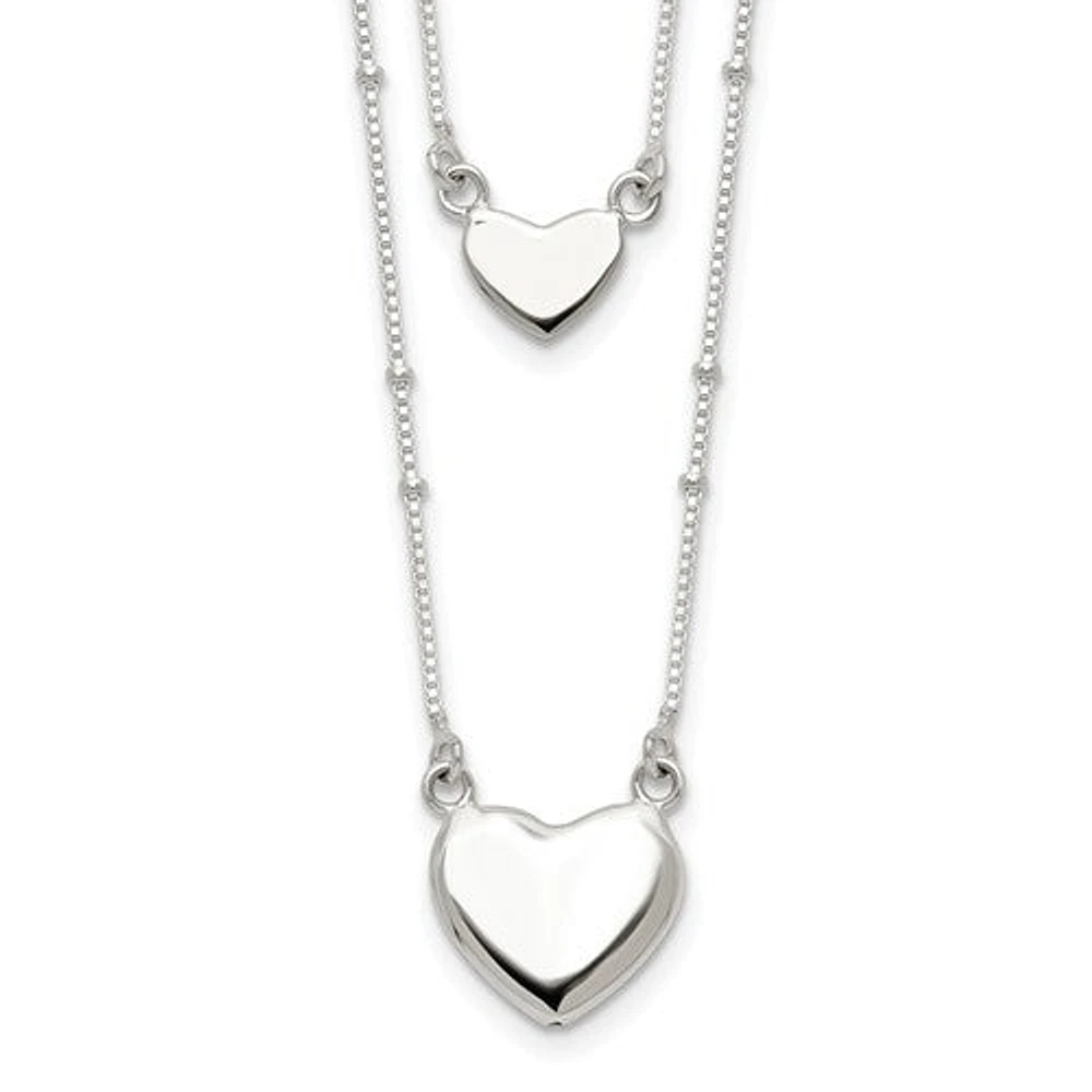 Sterling Silver Polished 2-Strand Heart Dangle Necklace - 18"