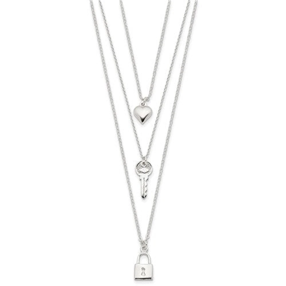 Sterling Silver Lock, Heart and Key Multi-Strand 16in Necklace - 16"
