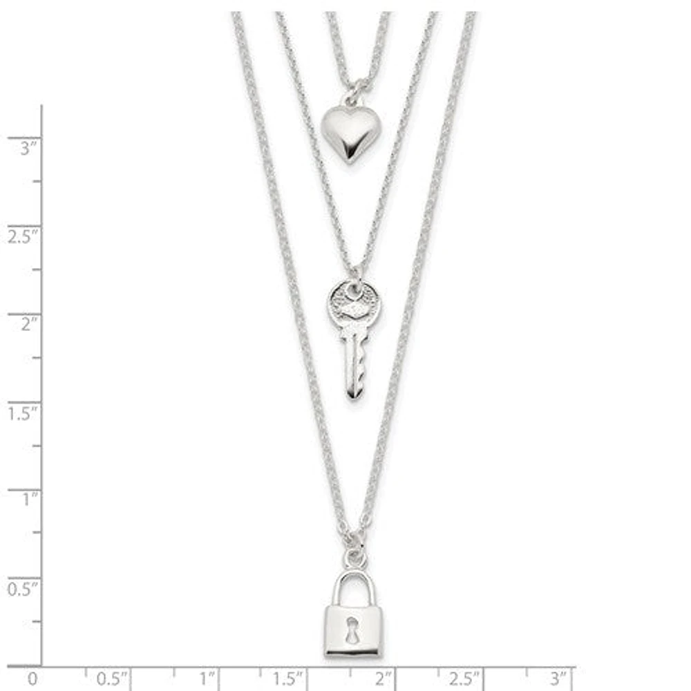 Sterling Silver Lock, Heart and Key Multi-Strand 16in Necklace - 16"