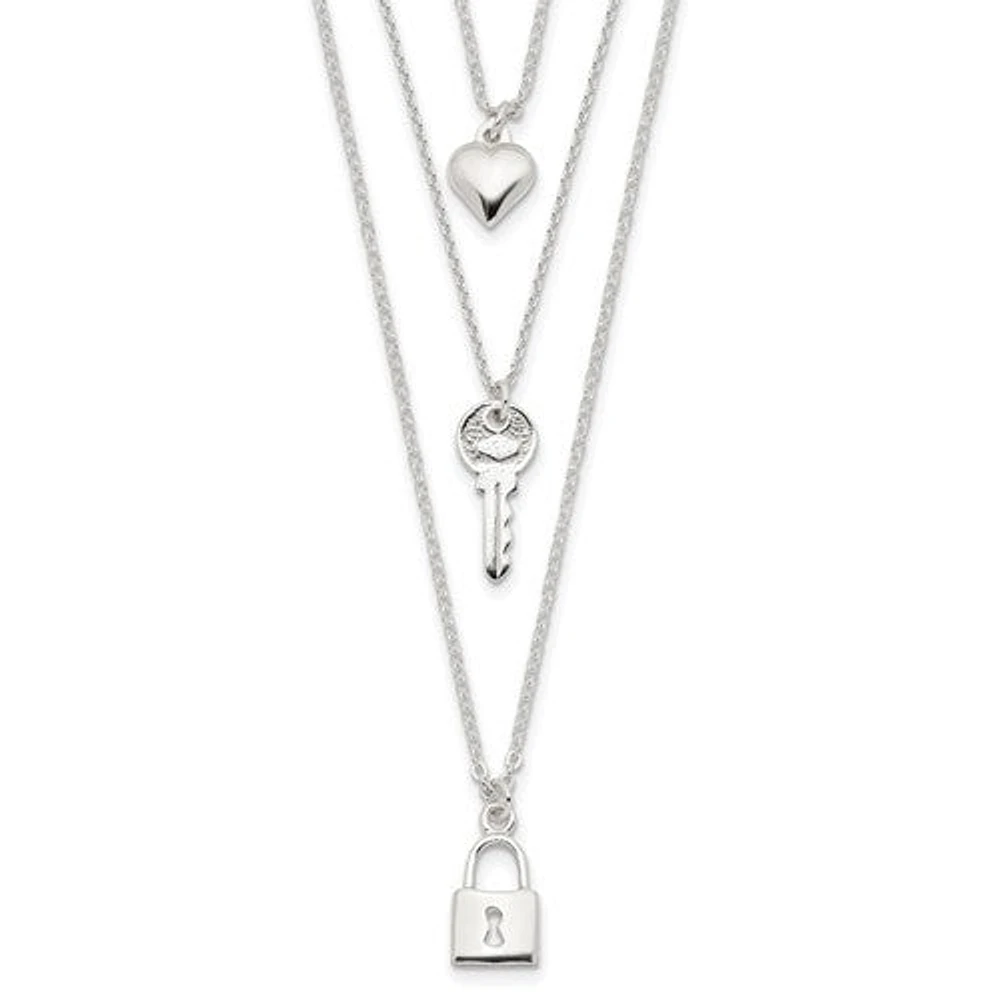 Sterling Silver Lock, Heart and Key Multi-Strand 16in Necklace - 16"