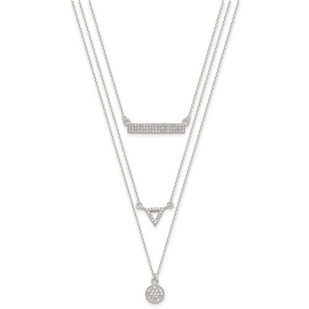 Sterling Silver CZ Circle Triangle and Bar 3-Strand Necklace - 16"