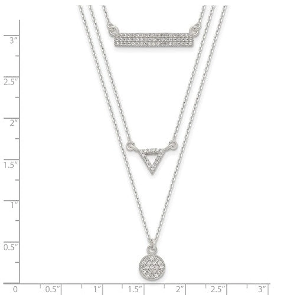 Sterling Silver CZ Circle Triangle and Bar 3-Strand Necklace - 16"