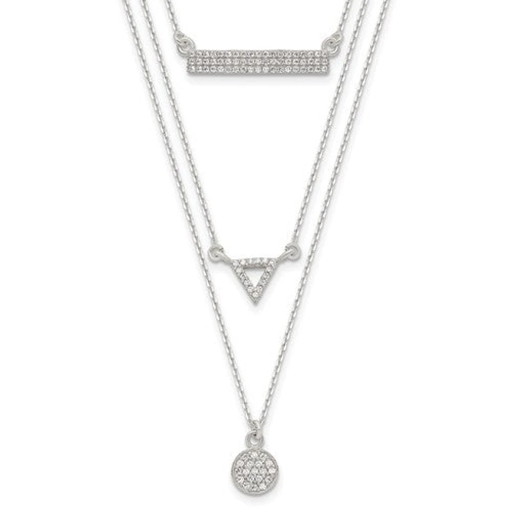 Sterling Silver CZ Circle Triangle and Bar 3-Strand Necklace - 16"