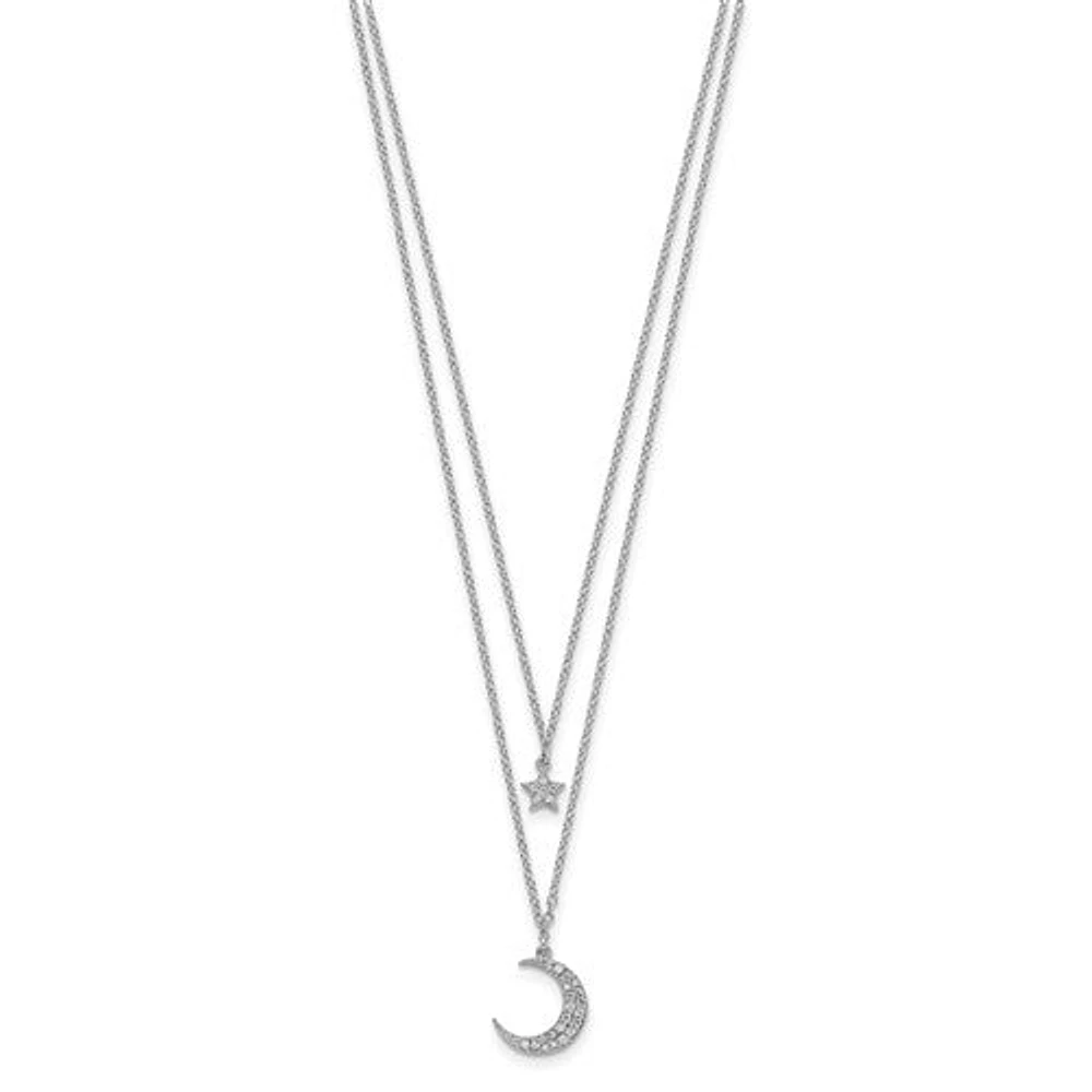 Sterling Silver Rhodium Plated CZ Star and Moon 2in ext 2-strand Necklace - 16"