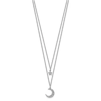 Sterling Silver Rhodium Plated CZ Star and Moon 2in ext 2-strand Necklace - 16"