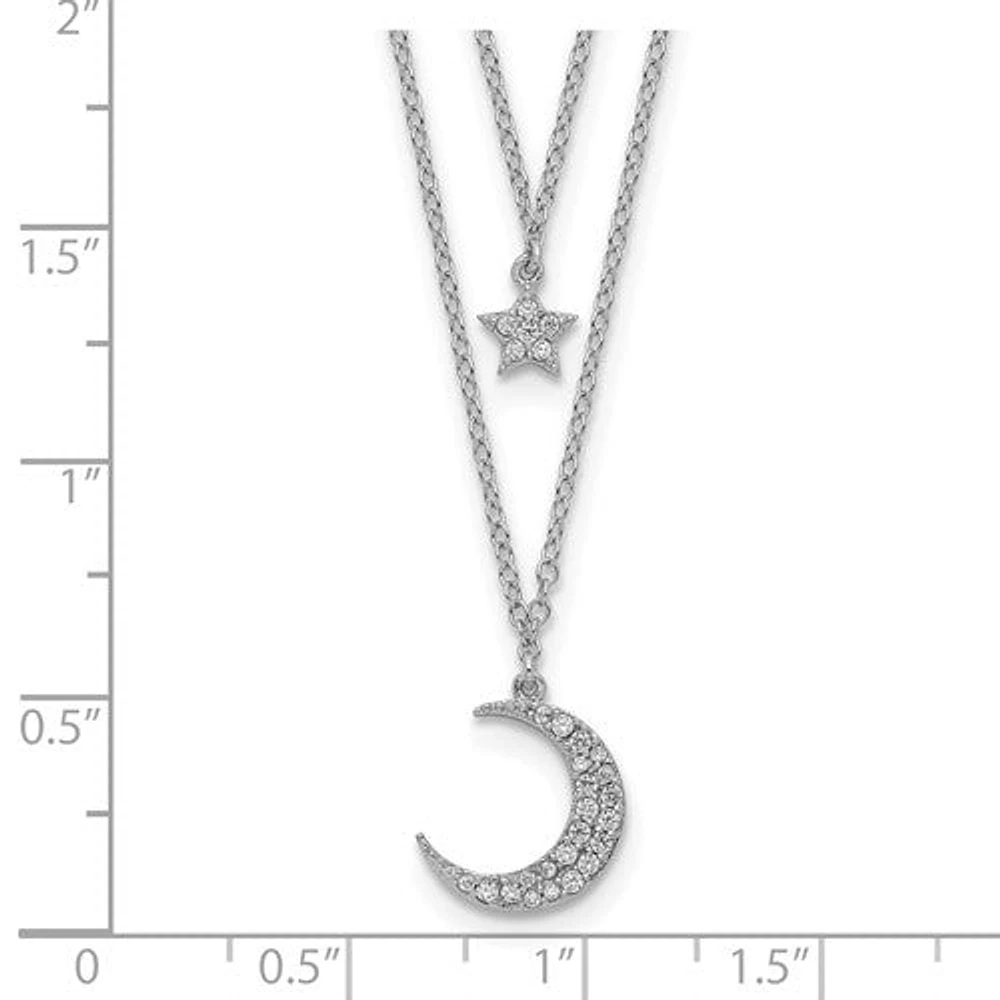 Sterling Silver Rhodium Plated CZ Star and Moon 2in ext 2-strand Necklace - 16"