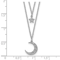 Sterling Silver Rhodium Plated CZ Star and Moon 2in ext 2-strand Necklace - 16"