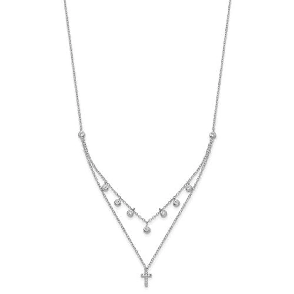 Sterling Silver Rhodium-plated CZ Cross with 2in ext. Necklace - 16-18"
