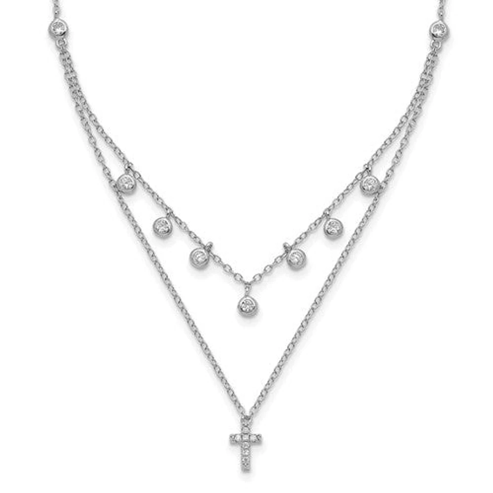 Sterling Silver Rhodium-plated CZ Cross with 2in ext. Necklace - 16-18"