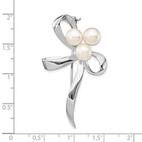 Sterling Silver Rhodium-plated Ribbon with 7-8mm White Button Freshwater Cultured Pearls Pin Brooch
