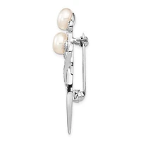 Sterling Silver Rhodium-plated Flowers with Cubic Zirconia and 7-8mm White Button Freshwater Cultured Pearls Pin Brooch