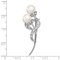 Sterling Silver Rhodium-plated Flowers with Cubic Zirconia and 7-8mm White Button Freshwater Cultured Pearls Pin Brooch