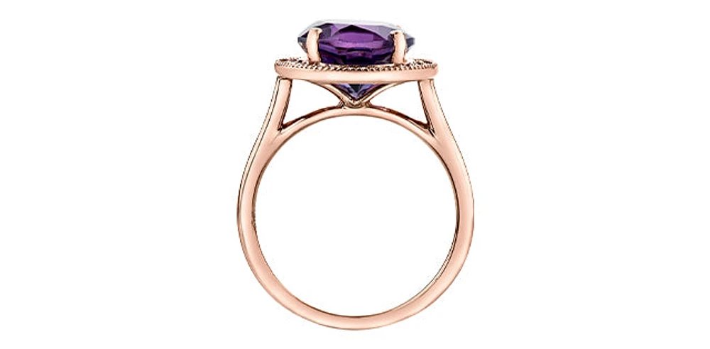 10K Rose Gold Amethyst and Diamond Halo Ring, size 6
