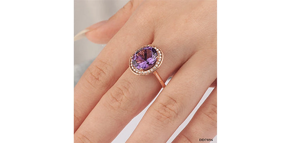 10K Rose Gold Amethyst and Diamond Halo Ring, size 6