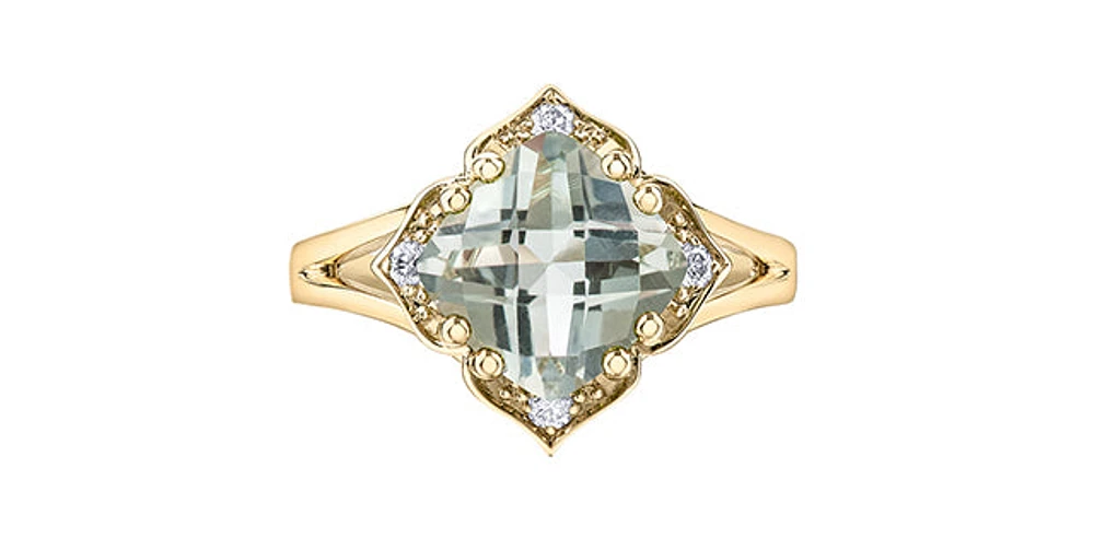 10K Yellow Gold Prasiolite (Green Amethyst) and Canadian Diamond Ring