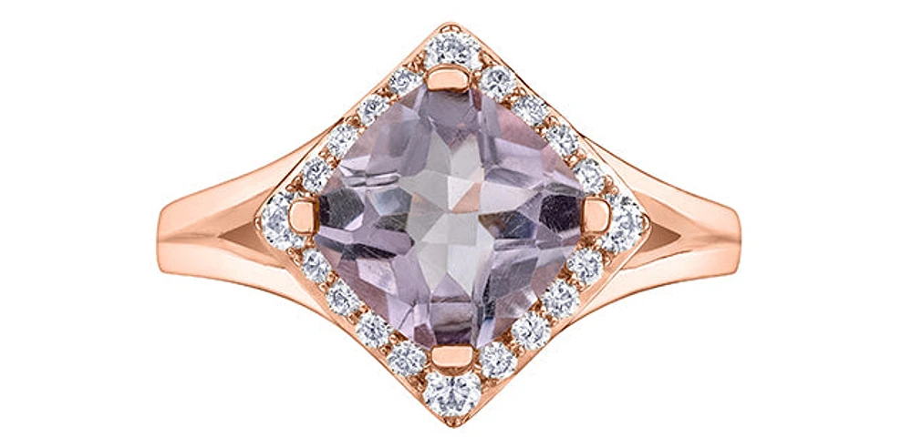 10K Rose Gold Pink Amethyst and Canadian Diamond Ring, size 6