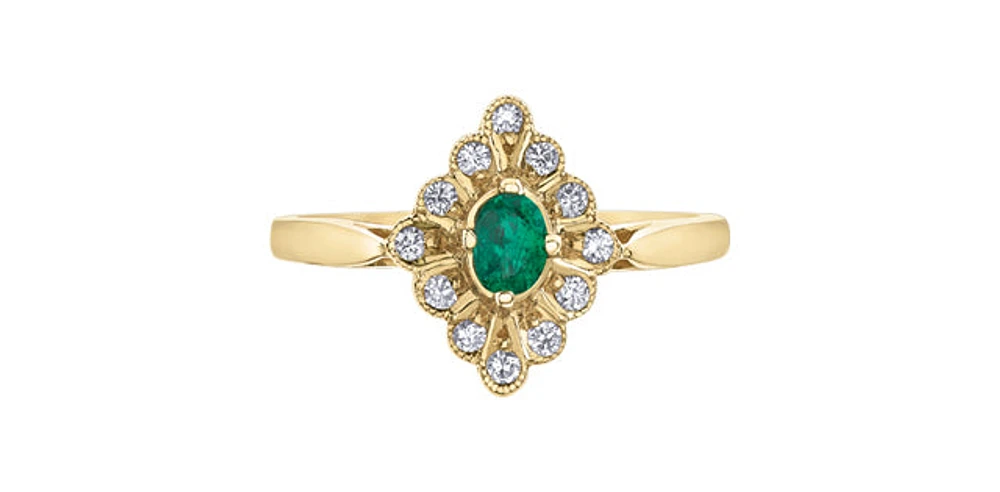 10K Yellow Gold 0.17cttw Genuine Emerald & 0.12cttw Diamond Ring, size 6.5