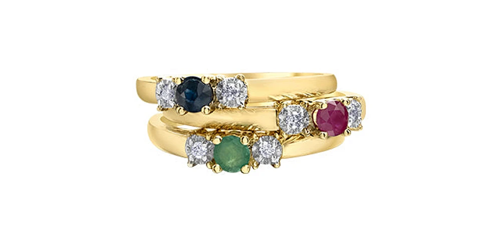 10K Yellow Gold Ruby and Diamond 3 Stone Ring - Size 6
