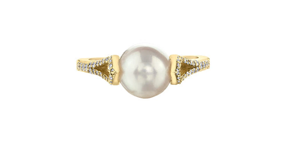 10K Yellow Gold Cultured Pearl and Diamond Ring, Size 6