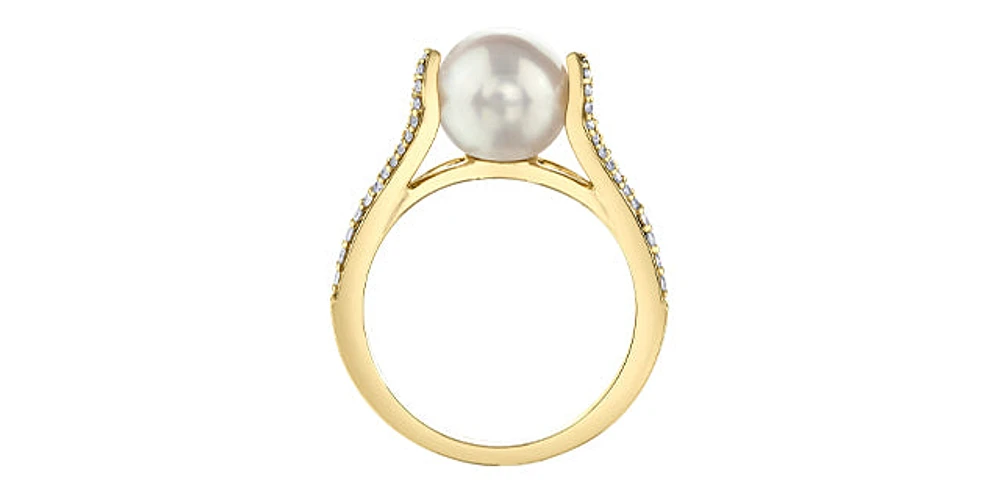 10K Yellow Gold Cultured Pearl and Diamond Ring, Size 6
