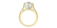 10K Yellow Gold Cultured Pearl and Diamond Ring, Size 6