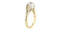 10K Yellow Gold Cultured Pearl and Diamond Ring, Size 6