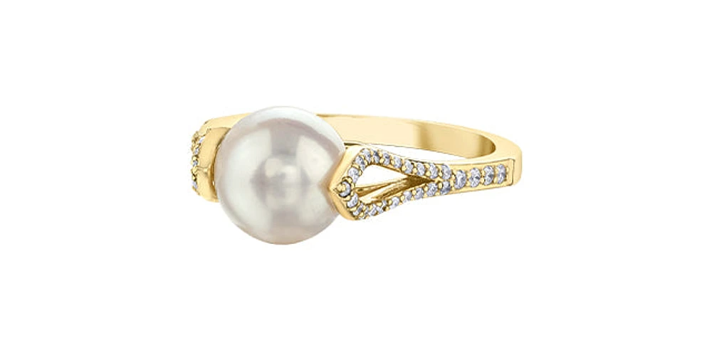 10K Yellow Gold Cultured Pearl and Diamond Ring, Size 6
