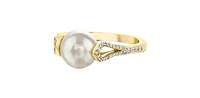 10K Yellow Gold Cultured Pearl and Diamond Ring, Size 6