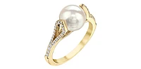 10K Yellow Gold Cultured Pearl and Diamond Ring, Size 6
