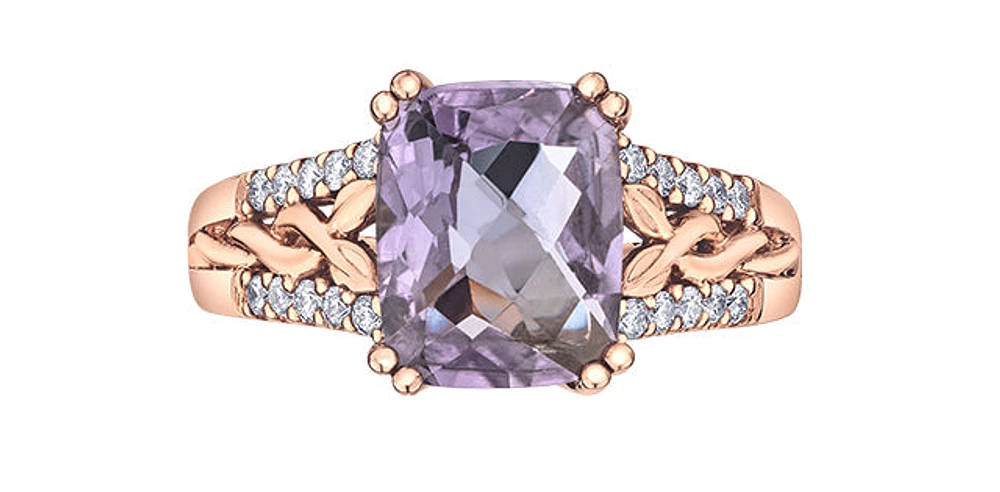 10K Rose Gold Pink Amethyst and Diamond Ring, size 6