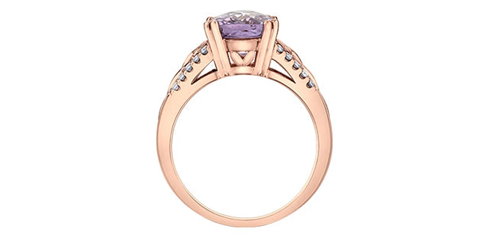 10K Rose Gold Pink Amethyst and Diamond Ring, size 6