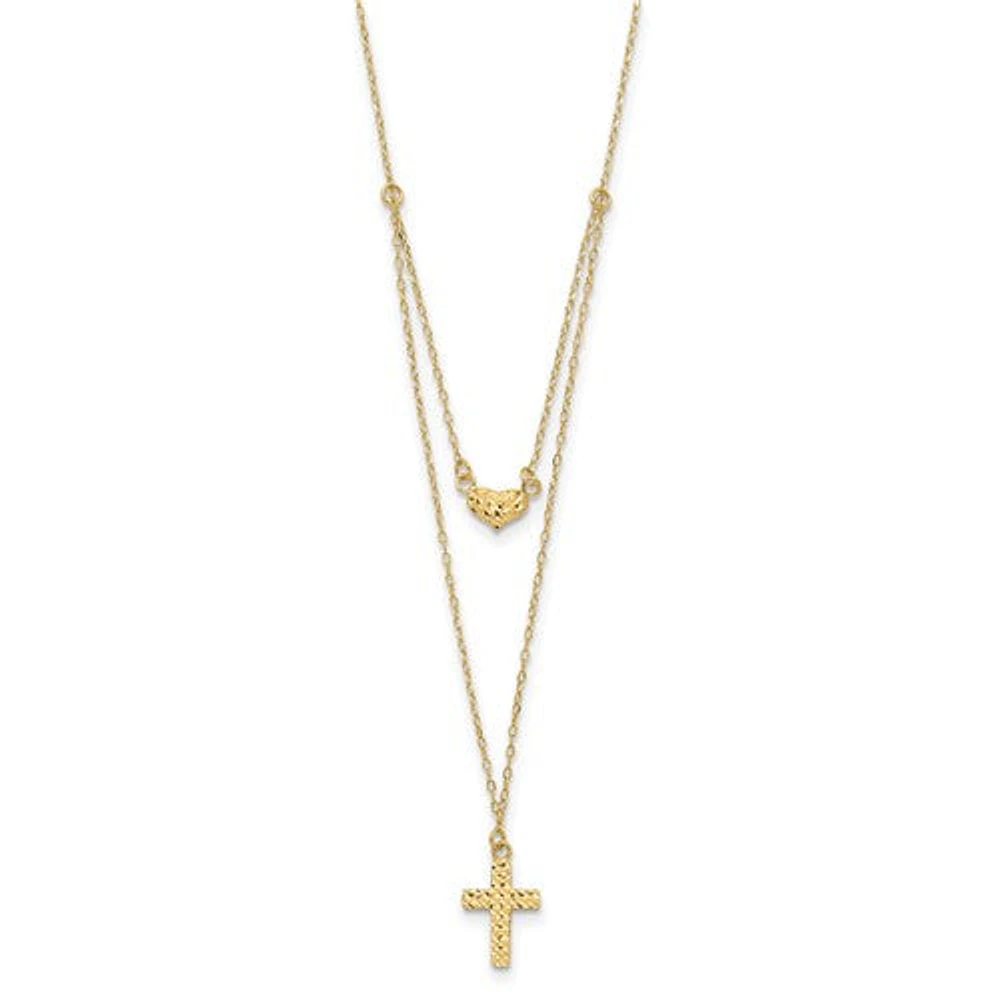 14k Polished 2-Strand Diamond Cut Cross and Heart with 2in. Ext. Necklace - 16-18 Inches