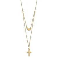 14k Polished 2-Strand Diamond Cut Cross and Heart with 2in. Ext. Necklace - 16-18 Inches